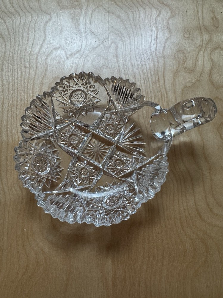 Vintage Starburst Cut Glass Crystal Nut Dish with Handle