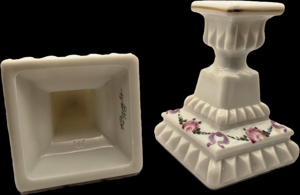 Vintage WESTMORELAND GLASS Handpainted Signed Candle Holders Pair Dated Collectible