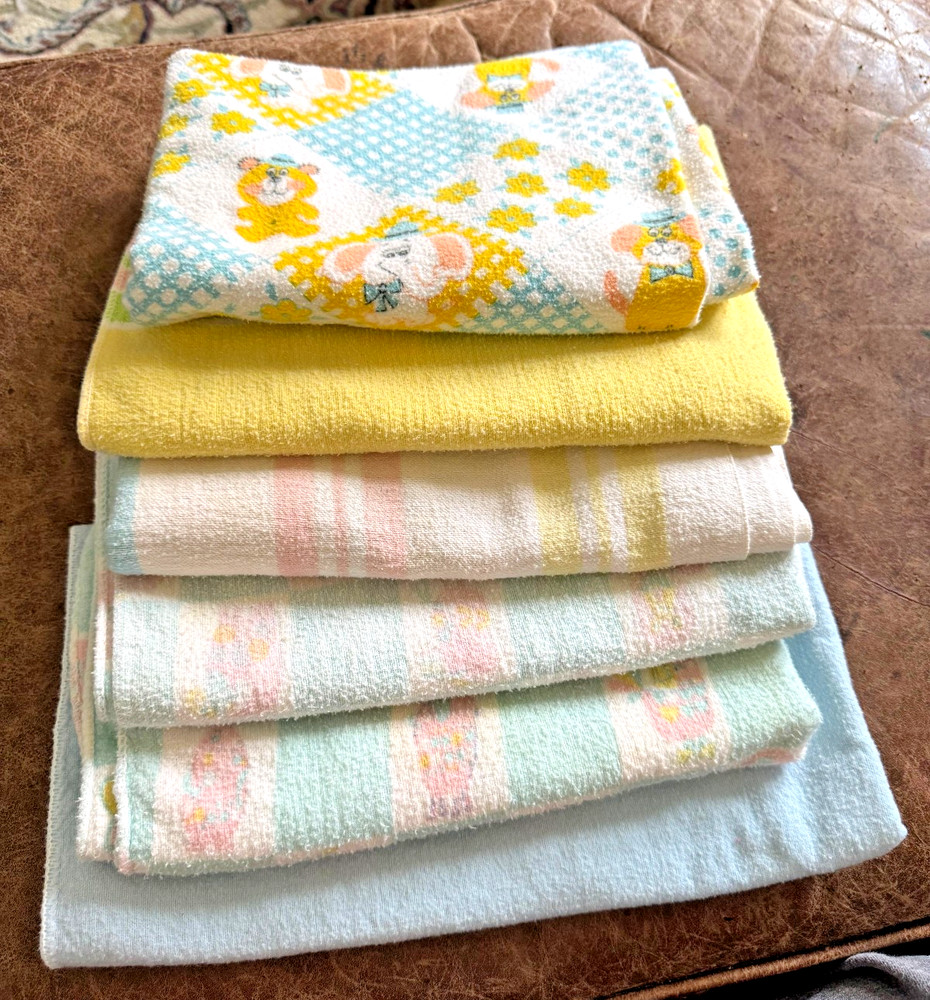 6 Vintage 80s Flannel Baby Receiving Blankets Solid & Stripes & Funny Animals