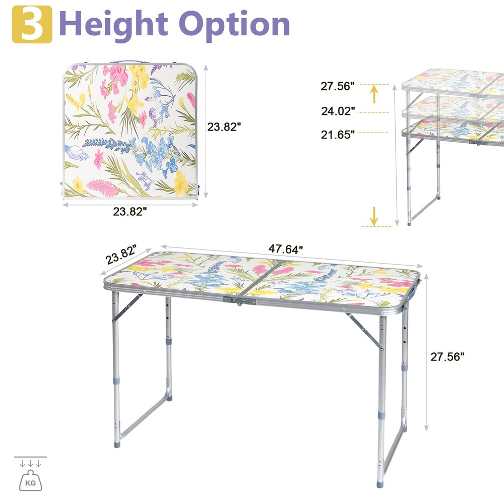 4FT Adjustable Height Aluminum Folding Table for Indoor Outdoor Camping Picnic