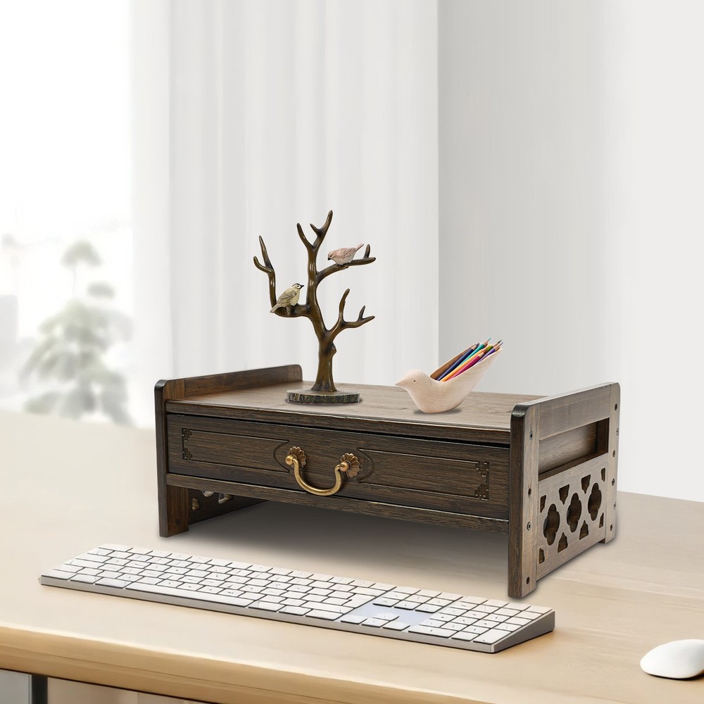 Bamboo Puja Table with Drawer Computer Stand Desktop Organizer