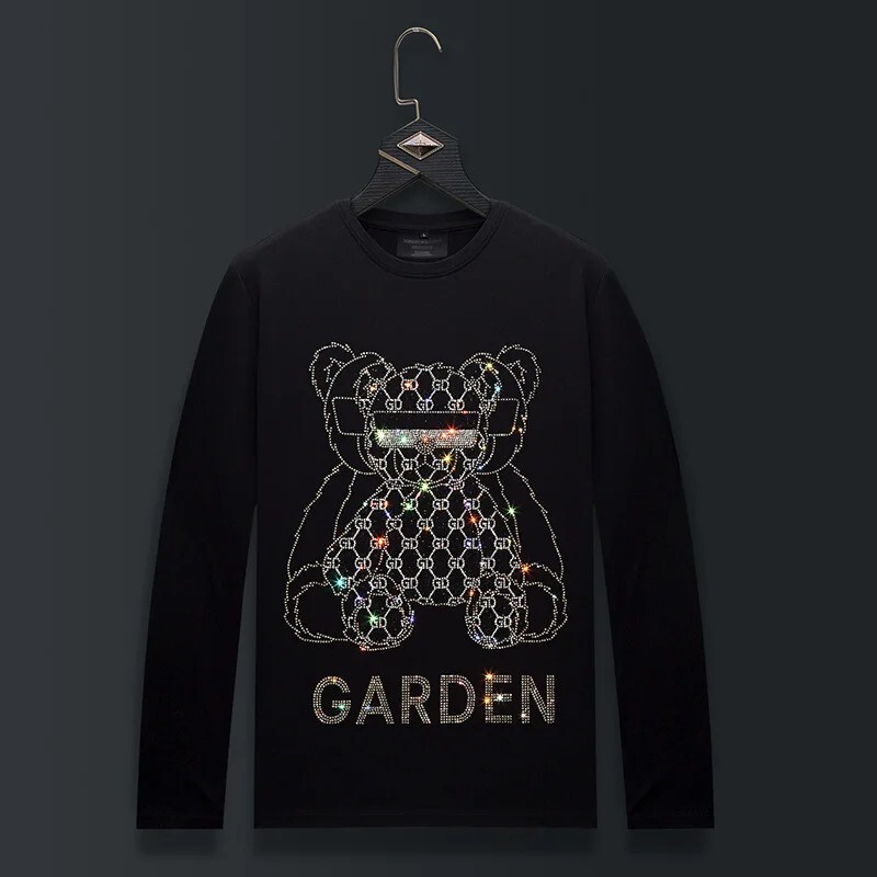 Fashion Bear Trend Rhinestone Long Sleeve Luxury  Men T-Shirt Plus Size 6XL