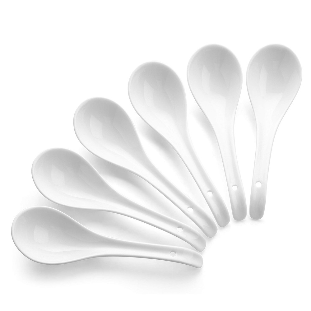 6-Piece White Ceramic Asian Soup Spoon Set – Traditional Chinese Design