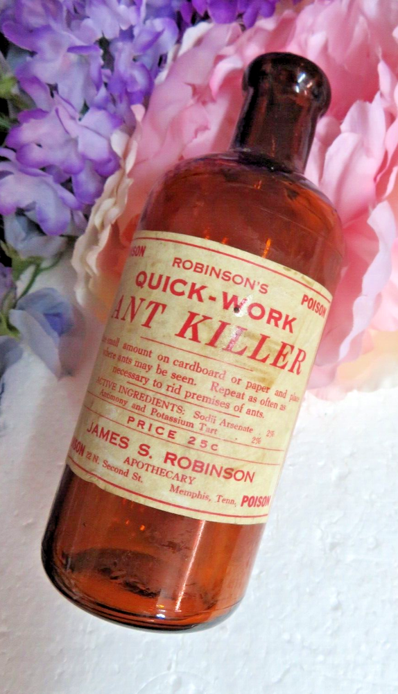 ANTIQUE BOTTLE Poison AMBER Blown CORK Label QUICK-WORK Ant Killer MEMPHIS Tenn