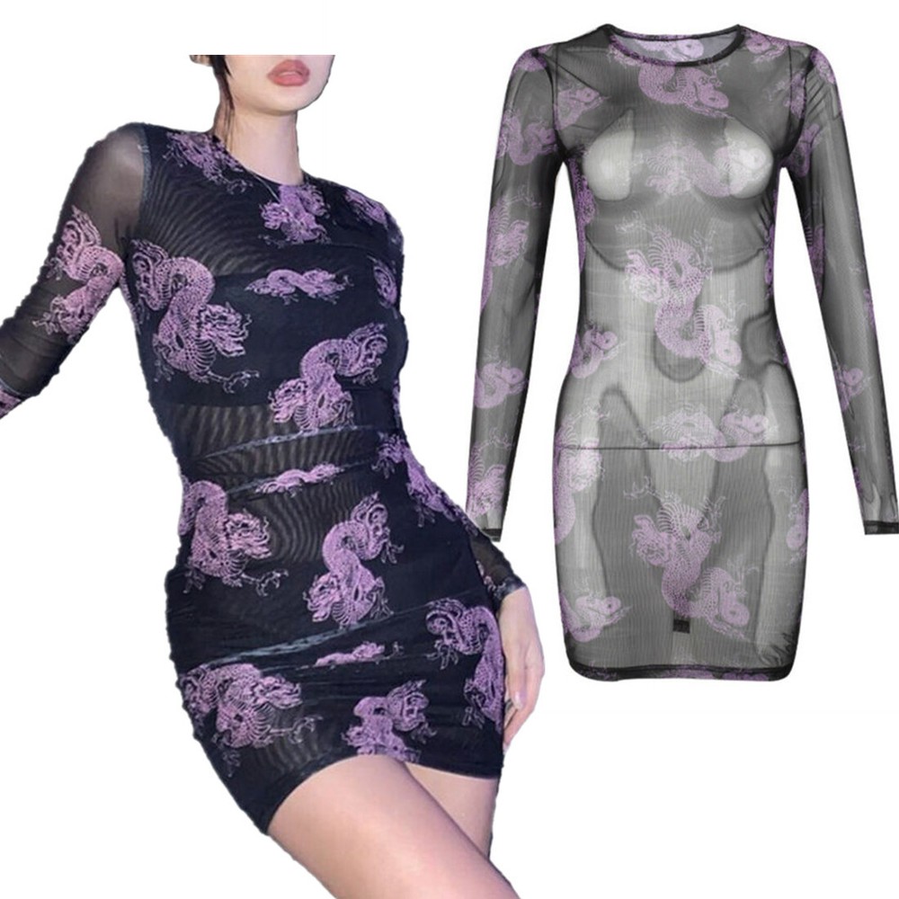 Women’s Sultry Dragon Print Sheer Mesh Bodycon Dress with Long Sleeves and See-Through Design for a Bold Fashion Statement