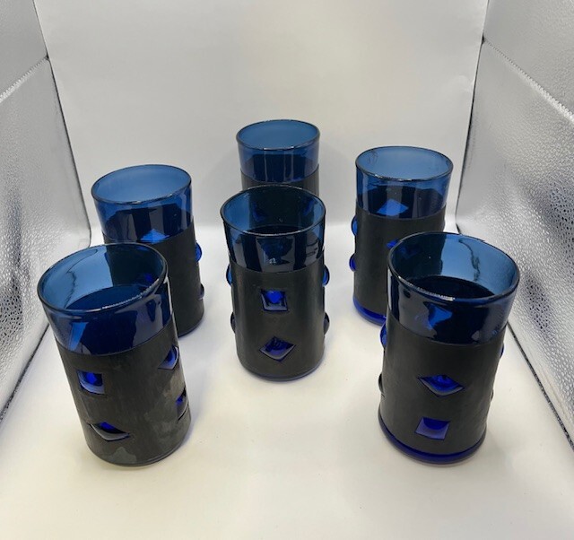 Felipe Derflingher Caged Blue Art Glass Brutalist Double Rocks Glasses MCM