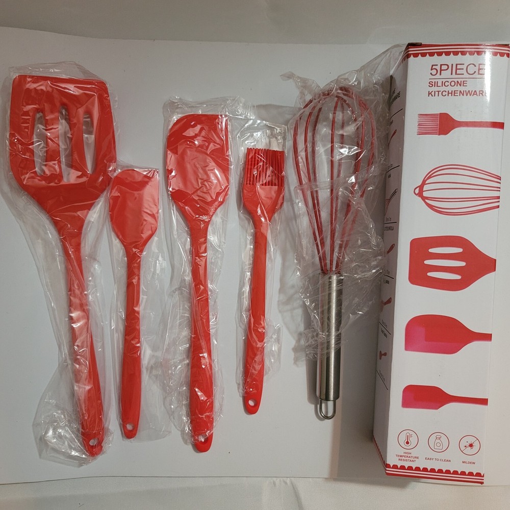 5 Piece Spatula, Spoonula, Whisk, Baste Silicone Utensil Set: Jar, Cook - Red