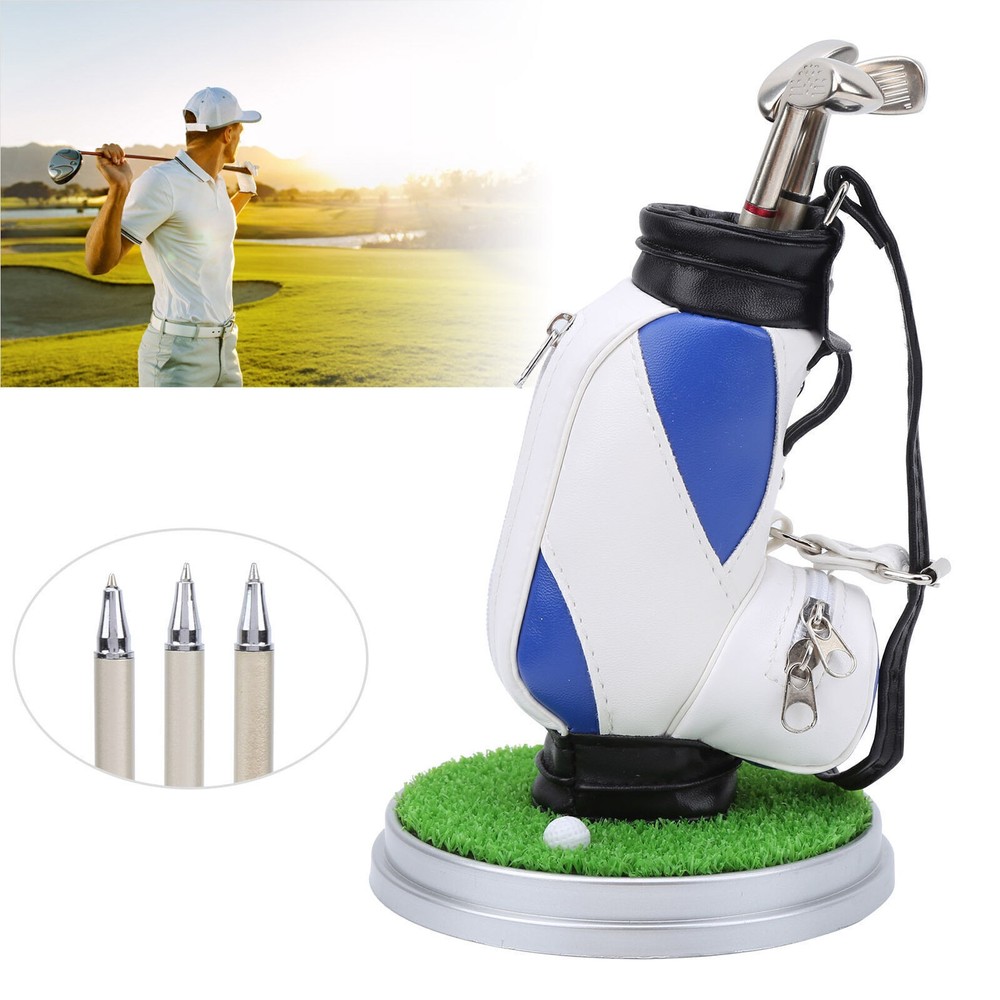 Mini Desktop Zinc Alloy Golf Bag Pen Holder Base with Golf Pens Souvenir Set