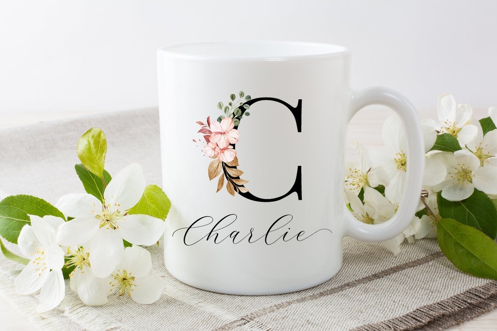 Personalised Mug Bridesmaid Mug Personalised Initial Mug Floral Initial Mug