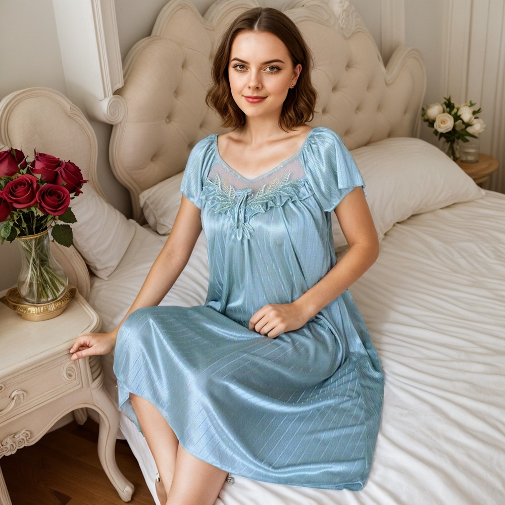 Ladies Sexy Silk Satin Women Sleepwear Short Sleeve Nightgown Robes Night Dress