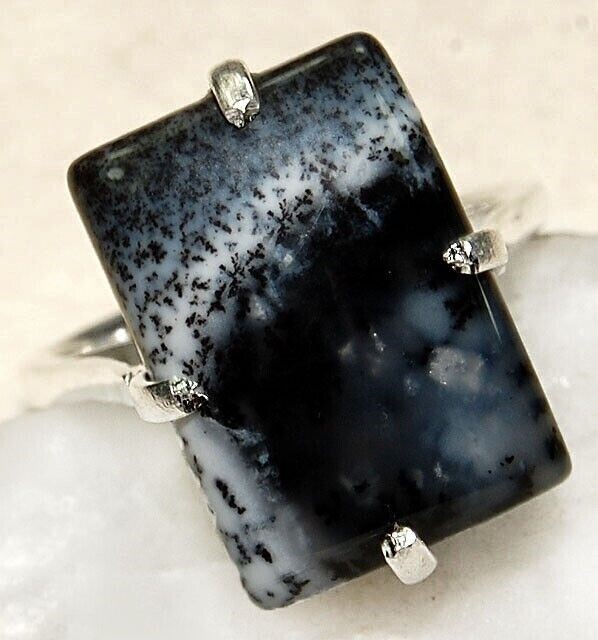 Natural Winter Dendrite Opal 925 Solid Sterling Silver Ring Jewelry Sz 8.5