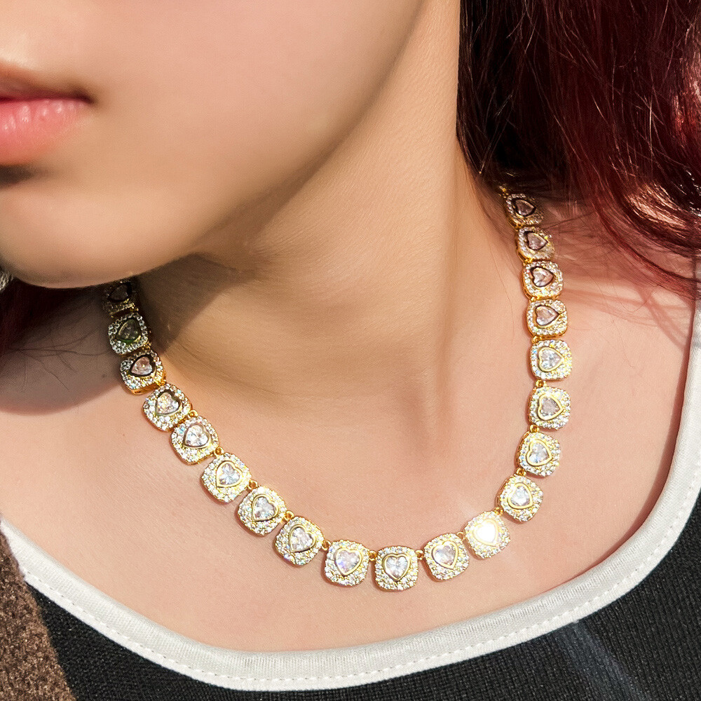 Dazzling Gold Plated Heart Cubic Zirconia Wedding Tennis Necklace for Women