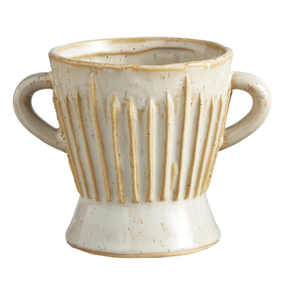 Textured White Glazed Ceramic Flower Pot with Handles for Small Plants