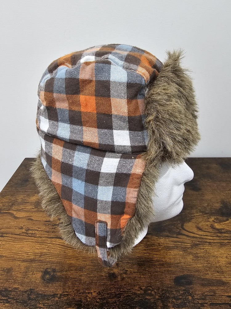 Gymboree Greatest Big Brother Line Orange Plaid Trapper Faux Fur Hat Size 4T-5T