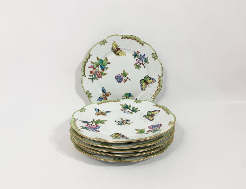 Herend Queen Victoria Green Border 6-Piece Round Dessert Plate Set 19cm
