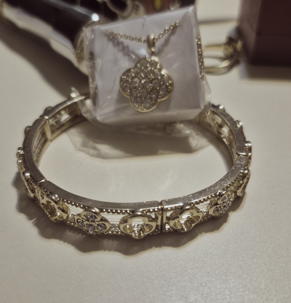 Avon Pave Clover Necklace and Bracelet Set in Sterling Silver