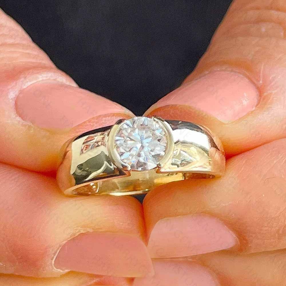 6mm Round Moissanite Half Bezel Set Engagement Mens Ring 14K Yellow Gold Plated