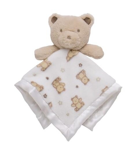Plush Rattle Baby Snuggle Blanket with Satin, Bear Print, Tan Tan Gentle Bear