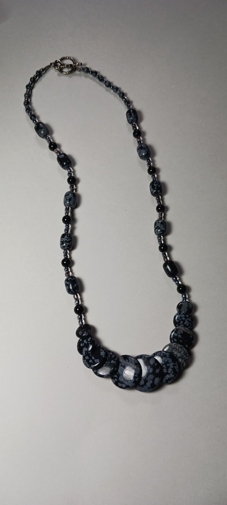 Snowflake Obsidian Boho Volcanic Glass + Plastic Beads Vintage Necklace