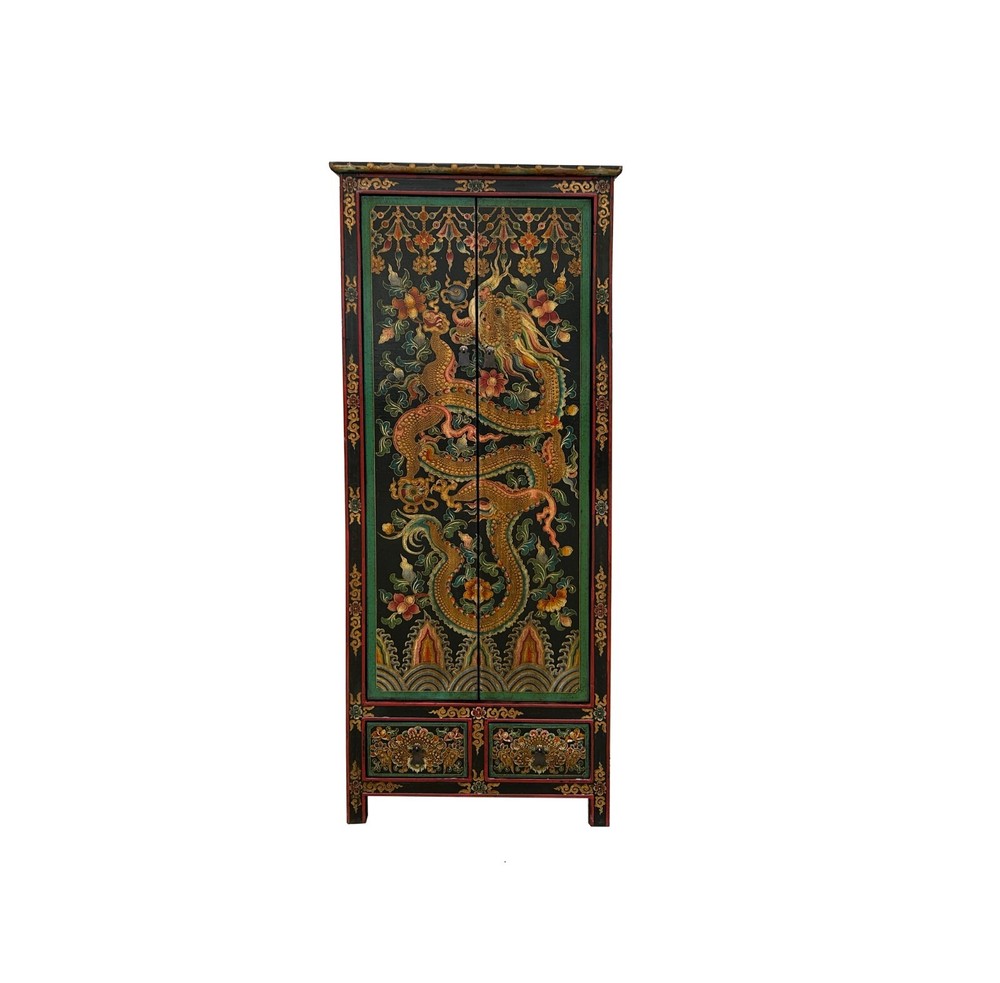 Tibetan Style Golden Dragon Graphic Tall Slim Narrow Storage Cabinet ws4610
