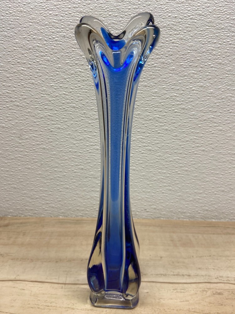 Vtg Swung Cobalt Blue And Clear Glass Vase