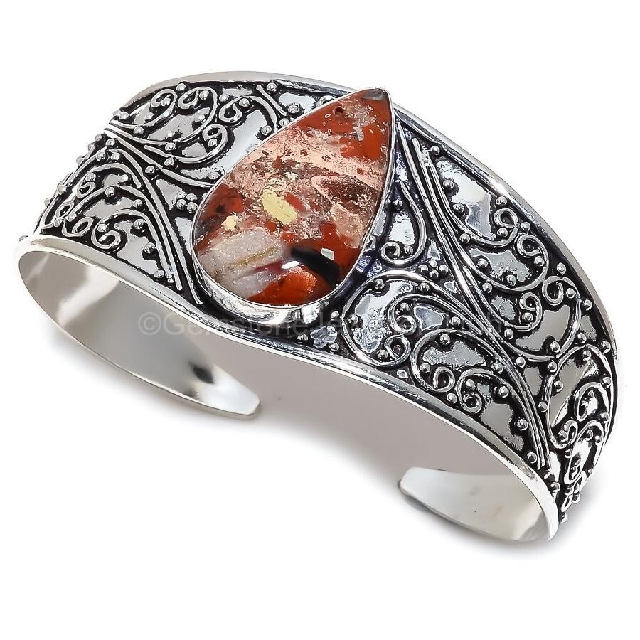 Cyber Monday Sale Sterling Silver Red Seame Agate Stone Anniversary Wedding Cuff-image