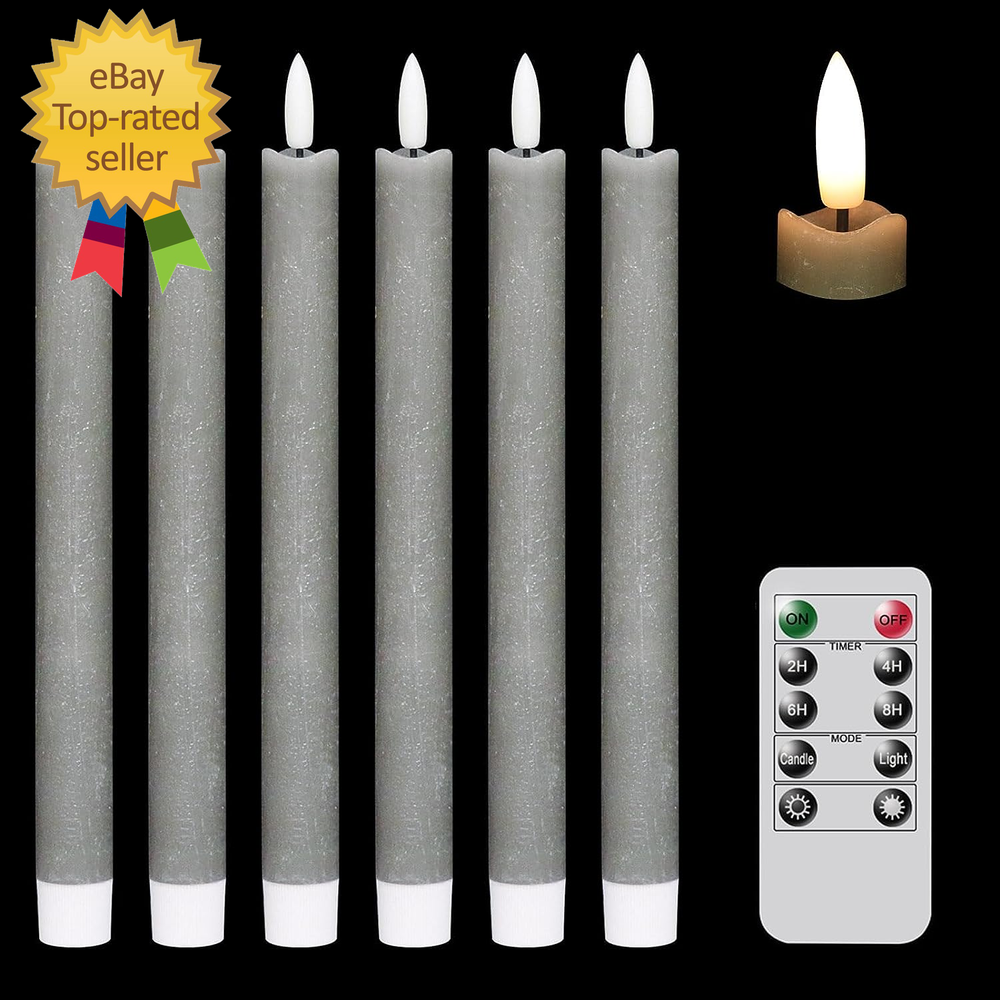 Flameless Grey Taper Candles with Flickering Effect and 10-Key Remote Battery Operated