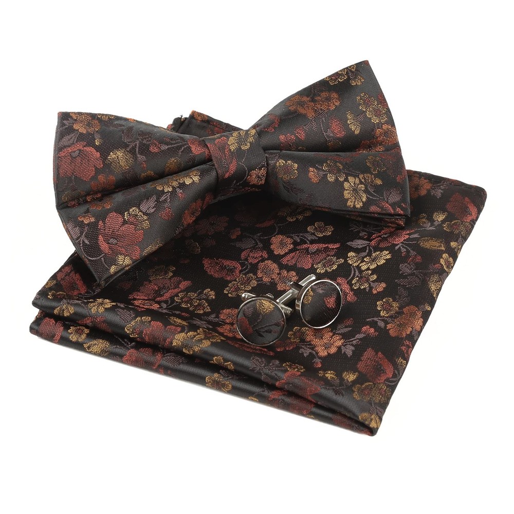 Men's Black Floral Bow Tie Set with Pocket Square & Cufflinks
