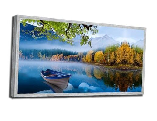 Lake Canvas Wall Art Featuring Blue Mountain Sky Nature Landscape with Boat
