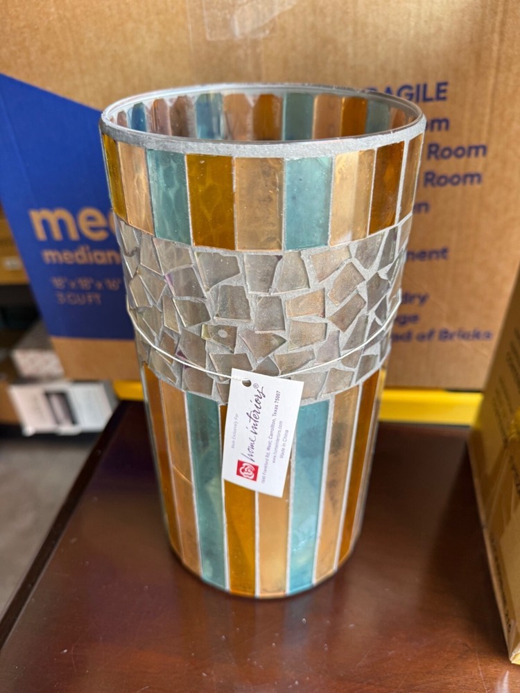 Brown & Light Blue Hurricane Cut Glass Pillar Candle Holder