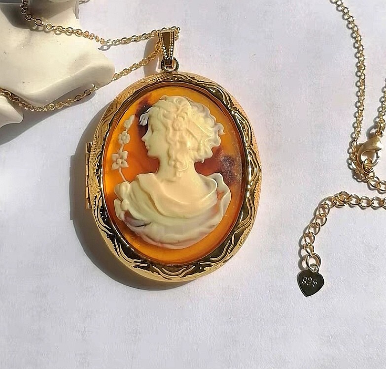 Cameo Tortoise Portrait Locket Pendant Oval Gold Tone Photo Locket Necklace 24''