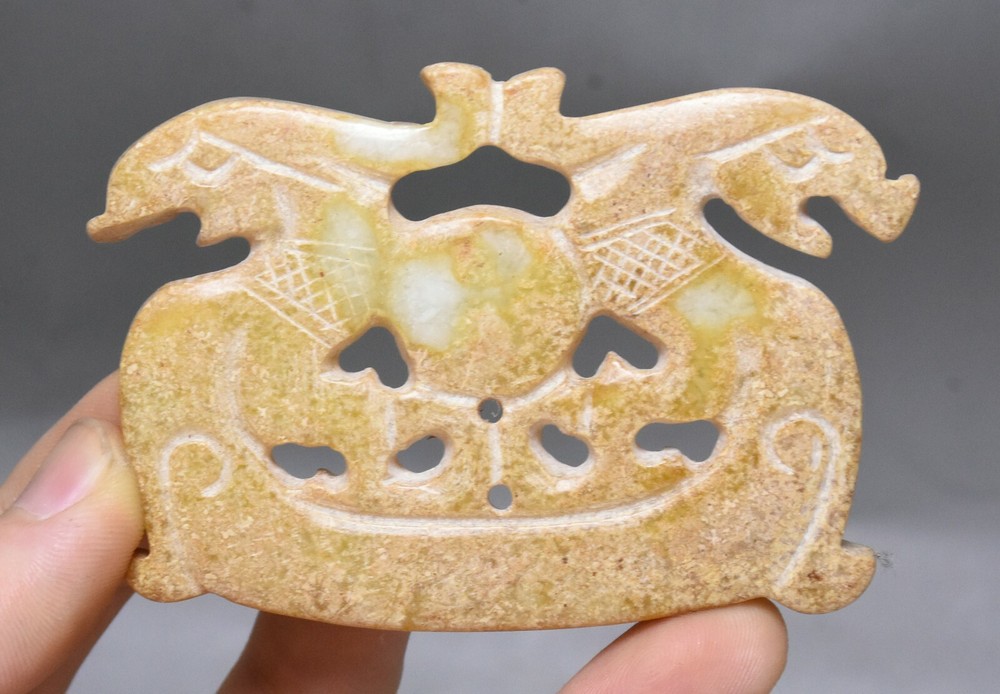 8CM Hongshan Culture Ancient Jade Double Dragon Amulet Pendant