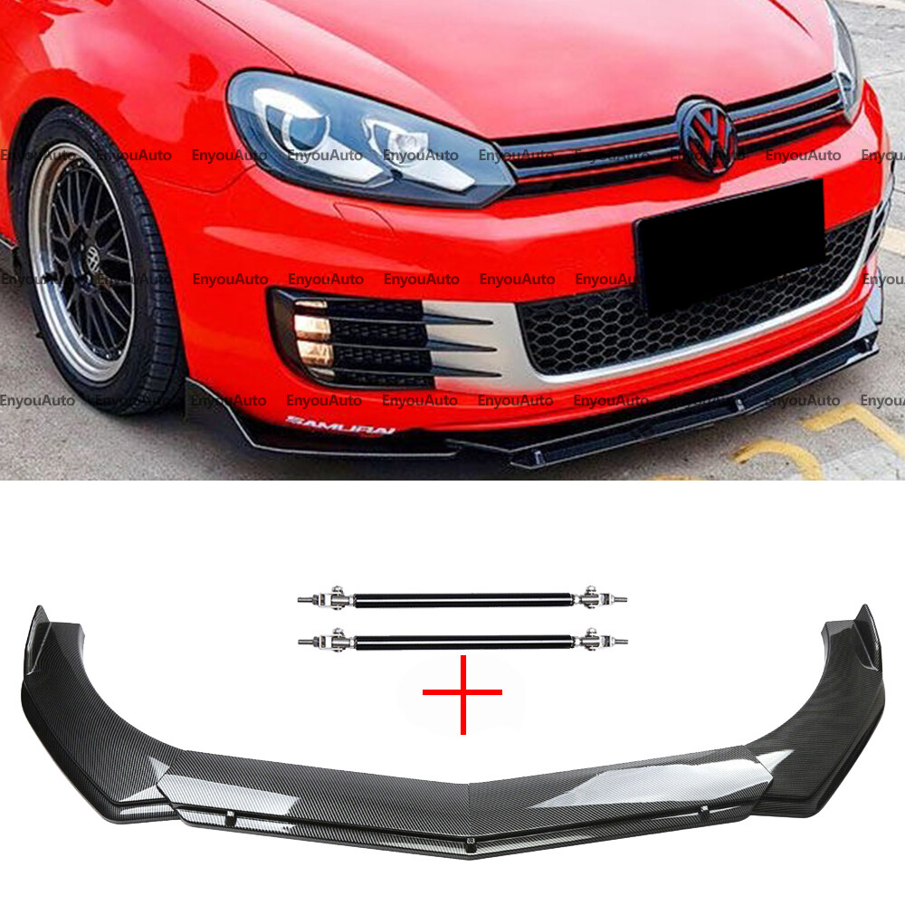For Volkswagen CC Front Bumper Lip Spoiler Splitter + Strut Rods Carbon Fiber