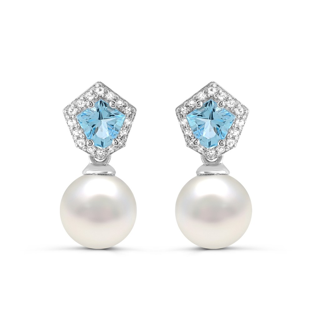 Sterling Silver Pearl & Swiss Blue and White Topaz Drop & Dangle Earrings