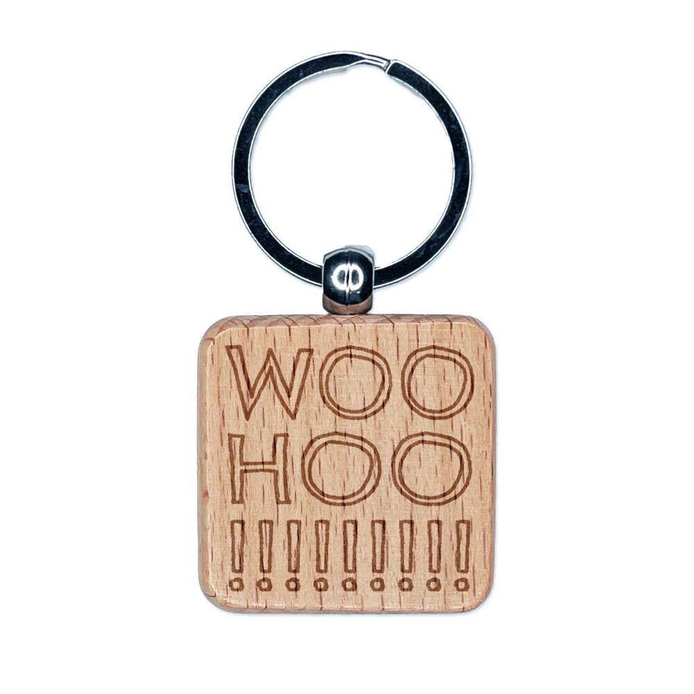Woo Hoo Outline Fun Text Engraved Wood Square Keychain Tag Charm
