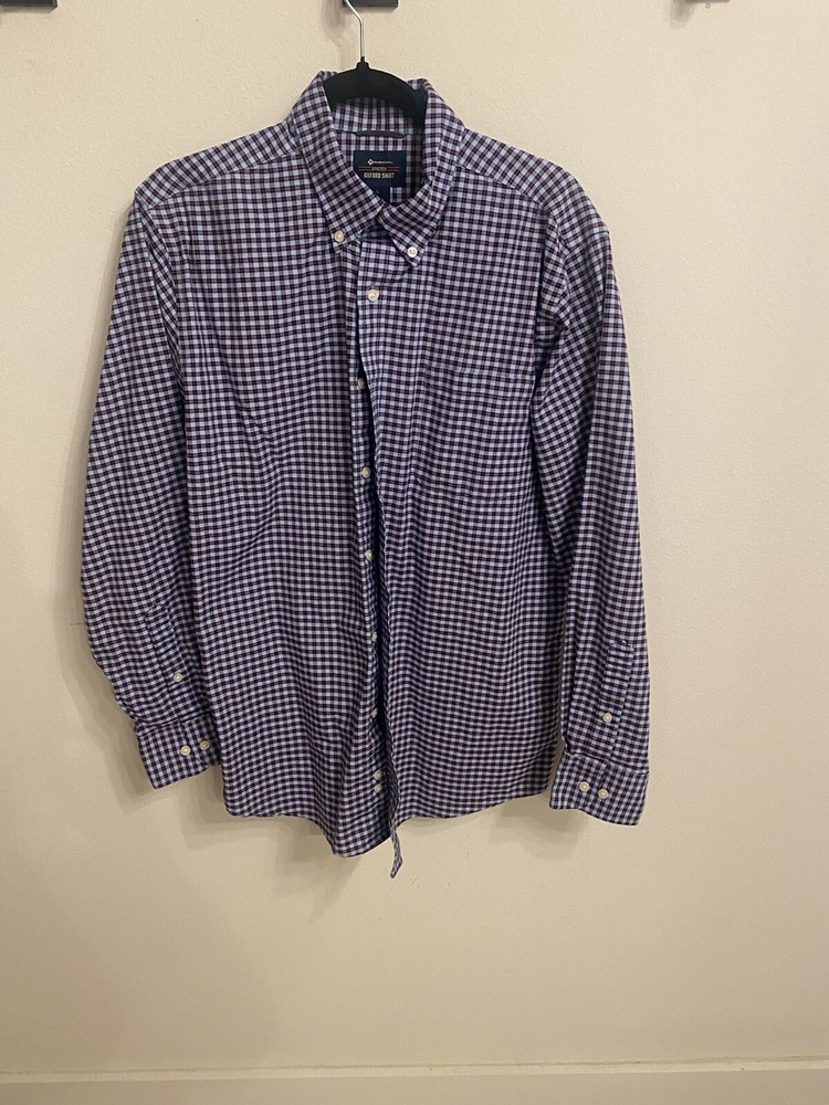 Members Mark Stretch Oxford Shirt for Men Blue Checkered Long Sleeve Size 29-image