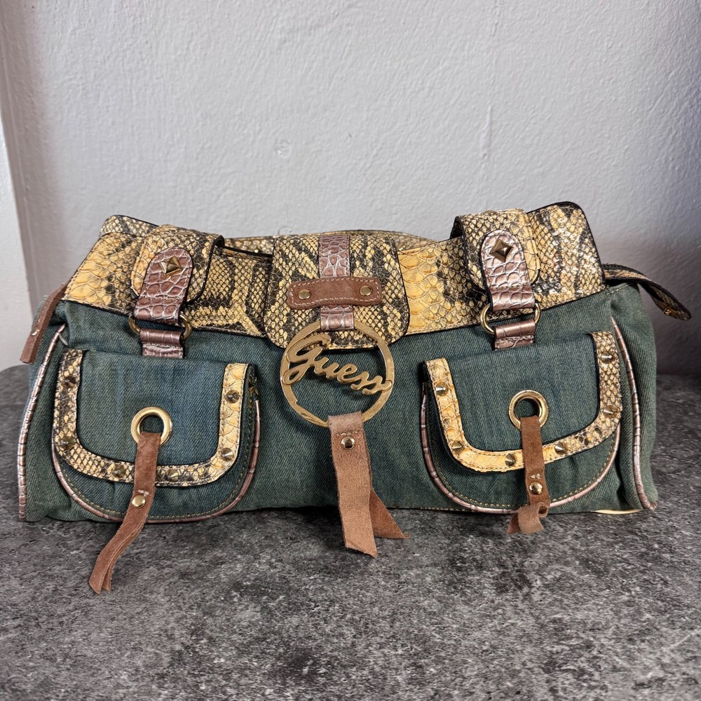 Vintage GUESS Snakeskin Leather Canvas Y2K Jean Tote Shoulder Purse Bag RARE