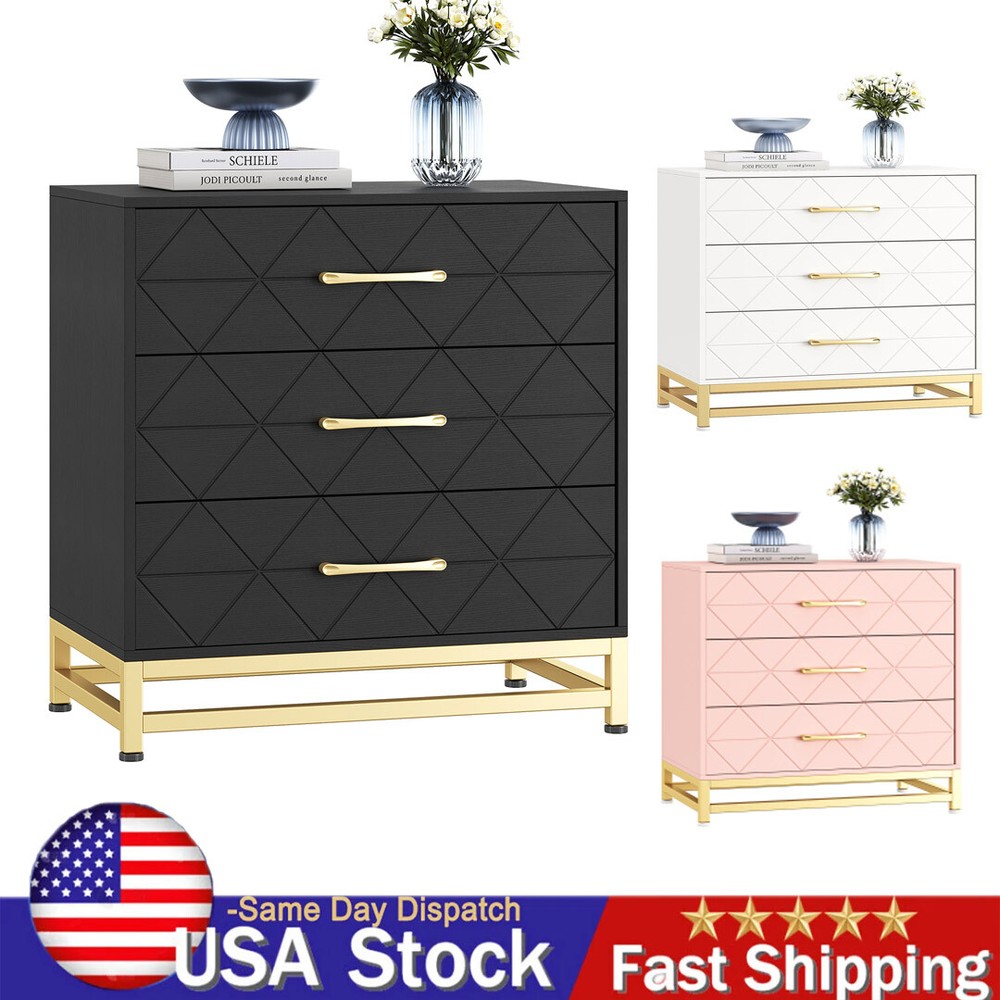 Stylish Wooden Chest of Drawers w/ 3 Drawers and Gold Handles for Modern Bedroom