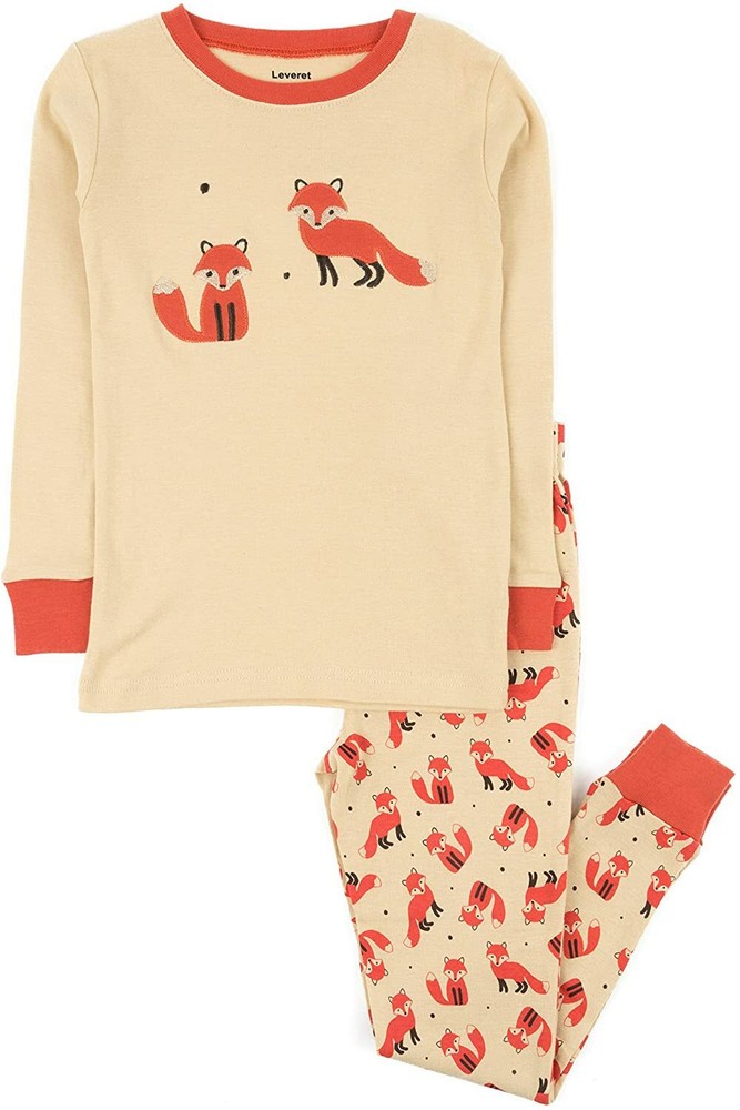Leveret Kids Pajamas 2 Piece pjs Set 100% Cotton Long Fox Size 12 Years Orange