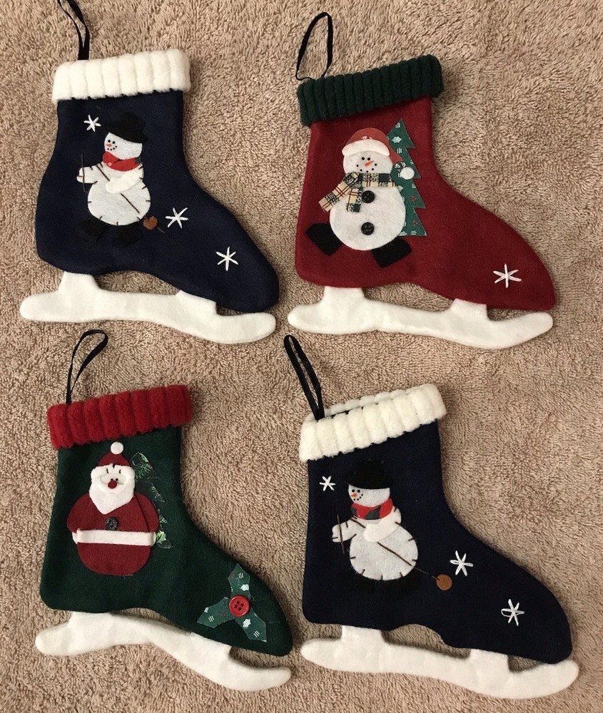 4 Cracker Barrel Felt Ice Skate Christmas Ornaments Snowman & Santa 7” Tall