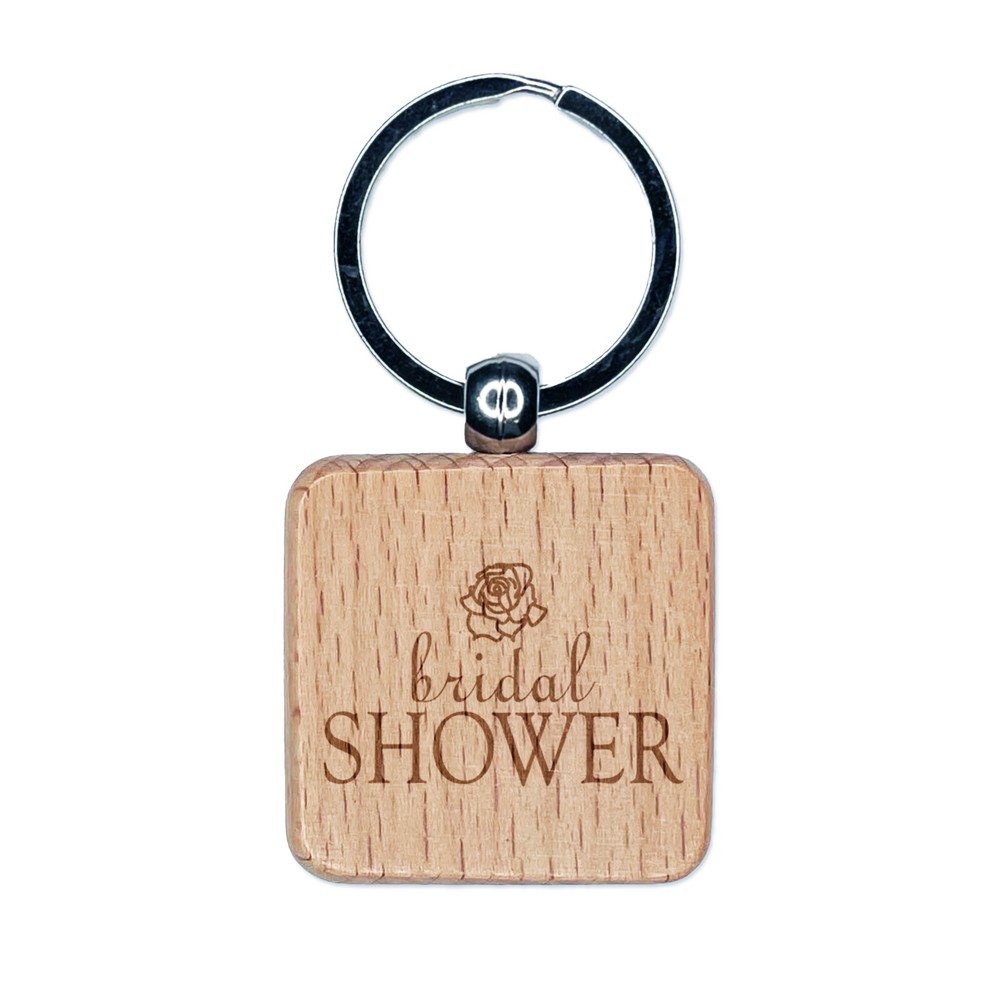Elegant Bridal Shower Rose Engraved Wooden Square Keychain  