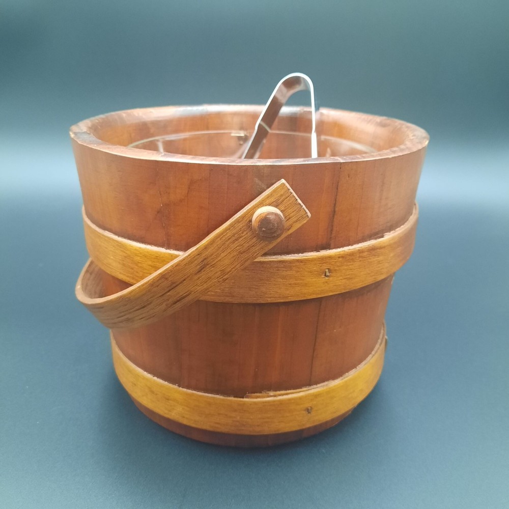 Antique Wood and Glass Firkin Ice Bucket with Tongs