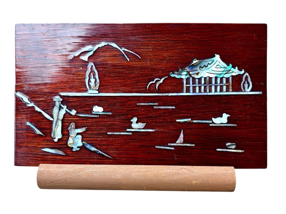 Wood And Mother Of Pearl Inlay Box Lid Wall Hanging Asian Decorative Piece 7”X4”