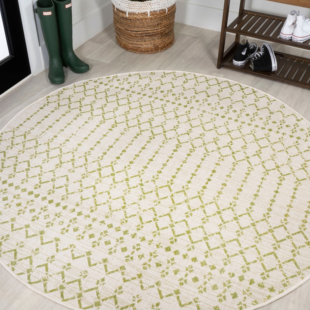 JONATHAN Y Trebol 5ft Round Rug in Cream Green Moroccan Geometric Weave