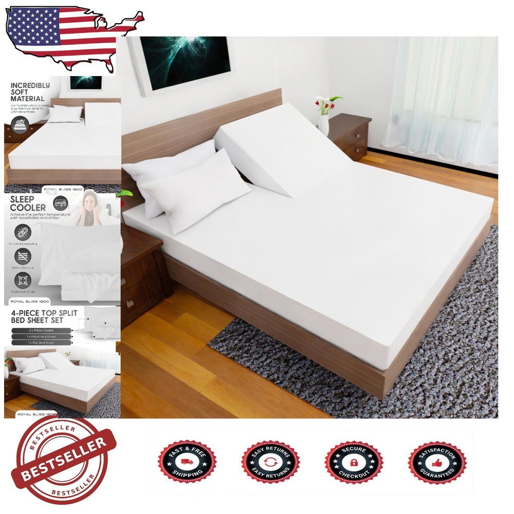 4-Piece Ultra-Soft King Split Head Mattress Sheet Set - Deep Pockets, White
