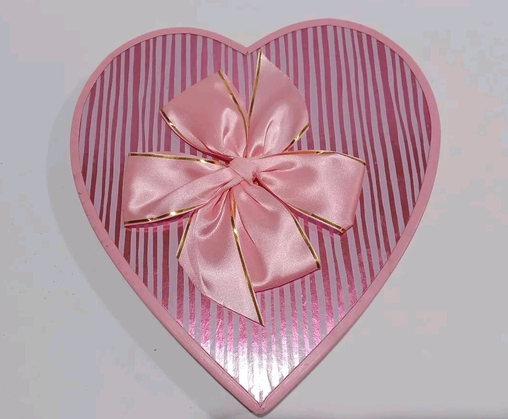 Vintage Brach's Pink Valentine Candy Box Heart  Satin Ribbon 9in Foil Stripes