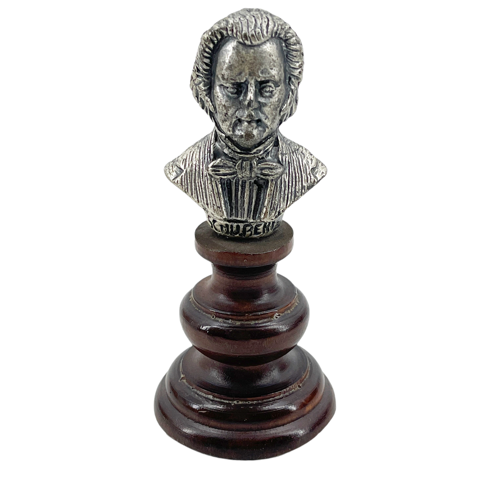VTG Solid Pewter Head Bust of Franz Schubert Miniature on Wood Pedestal Music