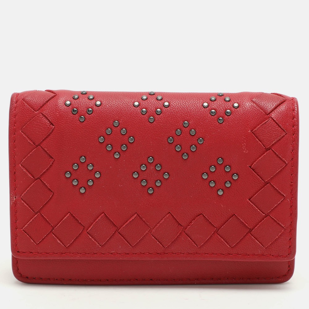Bottega Veneta Red Intrecciato Leather Coin Purse with Embellishment