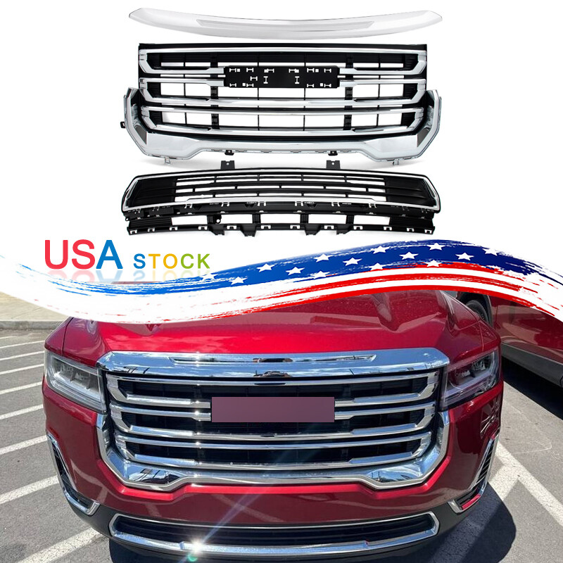 Front Upper Lower Grille Hood Molding For GMC Acadia 2020-2023 Chrome+Black Trim