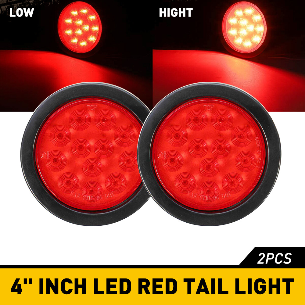 12V Red LED Round Tail Brake Lights Pair for Truck Trailer 4 Inch EXS